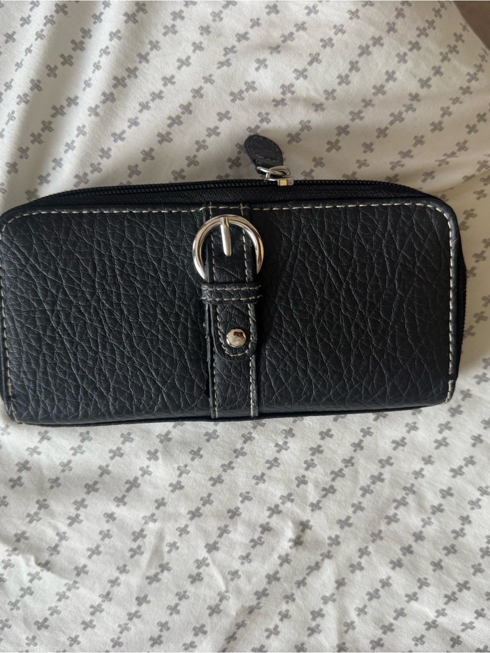 Black Textured Leather Zip Wallet with Buckle Detail